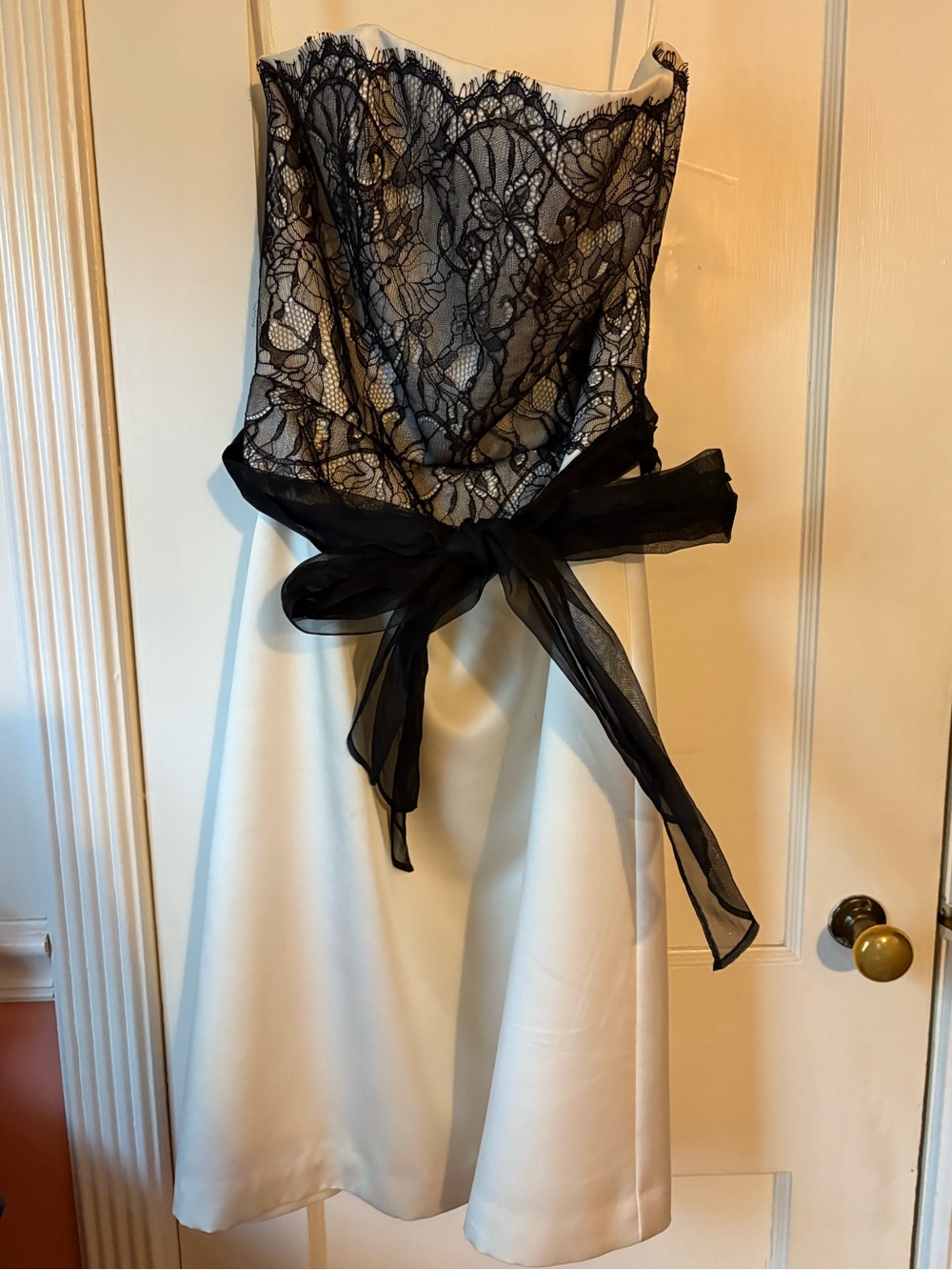 WHBM Strapless White Dress with Black Lace Bodice and Bow